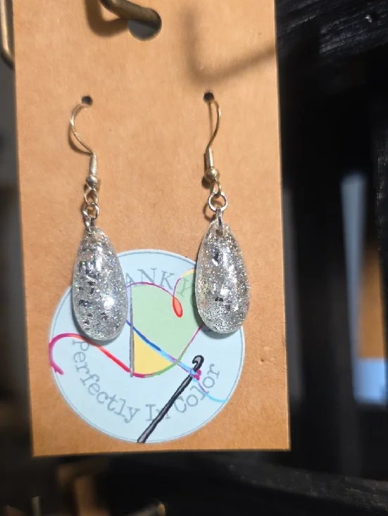 Silver Glitter Teardrop Dangle Earrings - - Picture 2 of 4